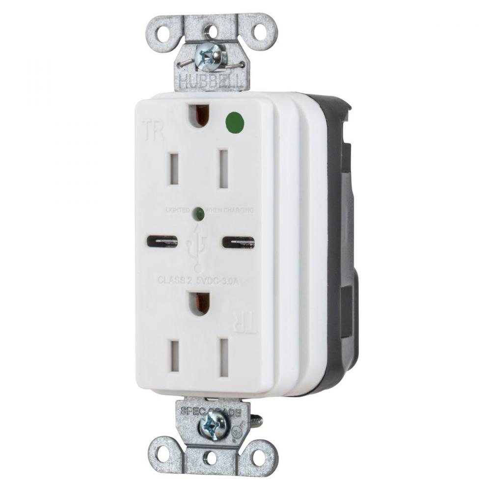 USB CHG SNAP HG 15A125V DUP 5A PT C, WH