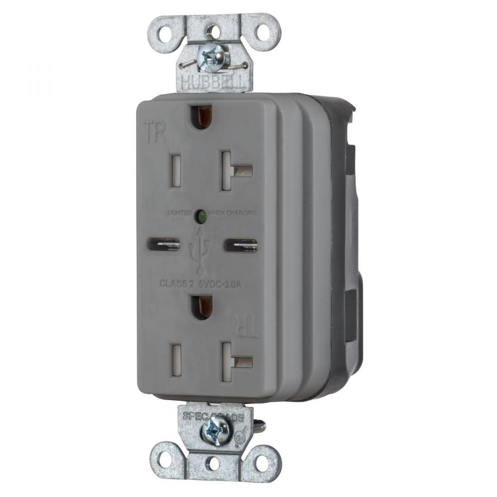 USB CHG SNAP 20A125V DUP 5A PORT C, GY