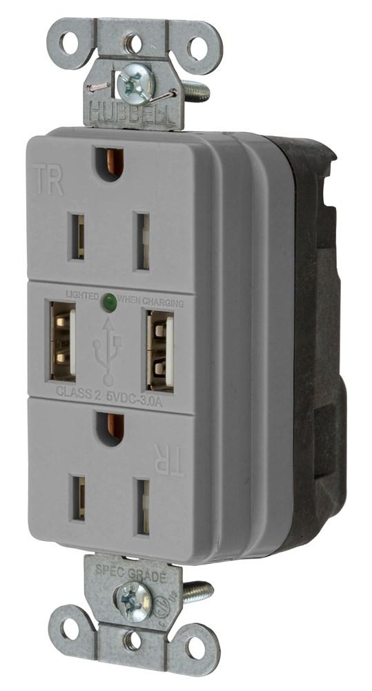 USB CHGR SNAP 15A125V DUP 3A5V PORT GY