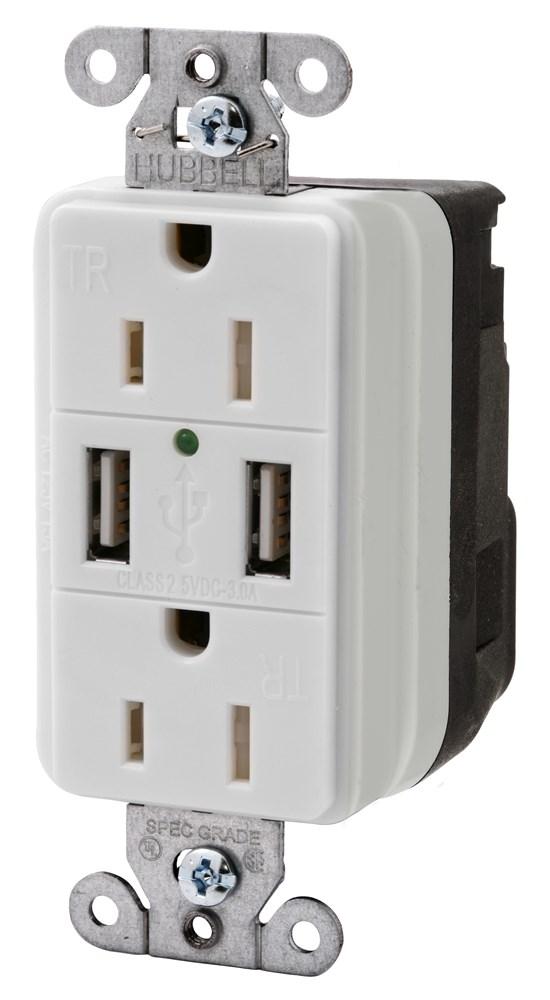 USB CHGR SNAP 15A125V DUP 3A5V PORT WH