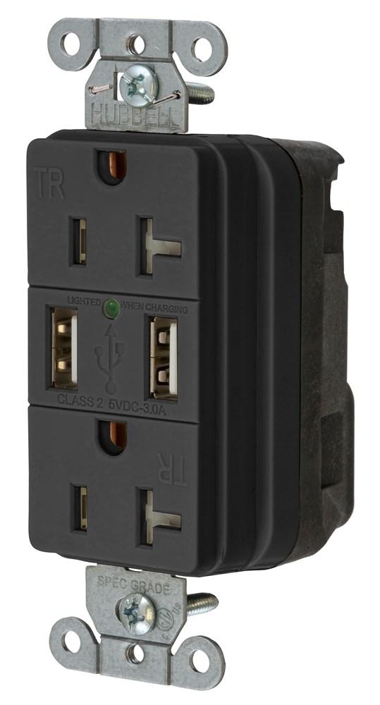 USB CHGR SNAP 20A125V DUP 3A5V PORT BK