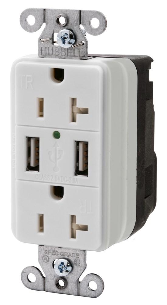 USB CHGR SNAP 20A125V DUP 3A5V PORT WH