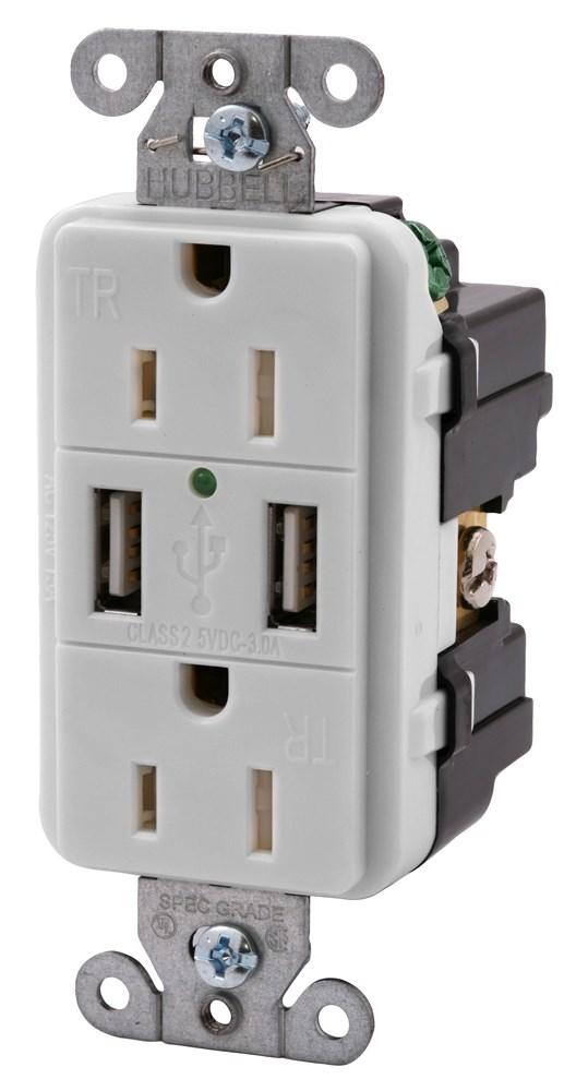 RECEP, DUP, 15A 125V,3.8A 5V USB PORT,OW