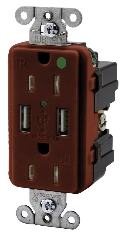 RECEP, DUP, HG, 15A 125V, 3.8A 5V USB,RD