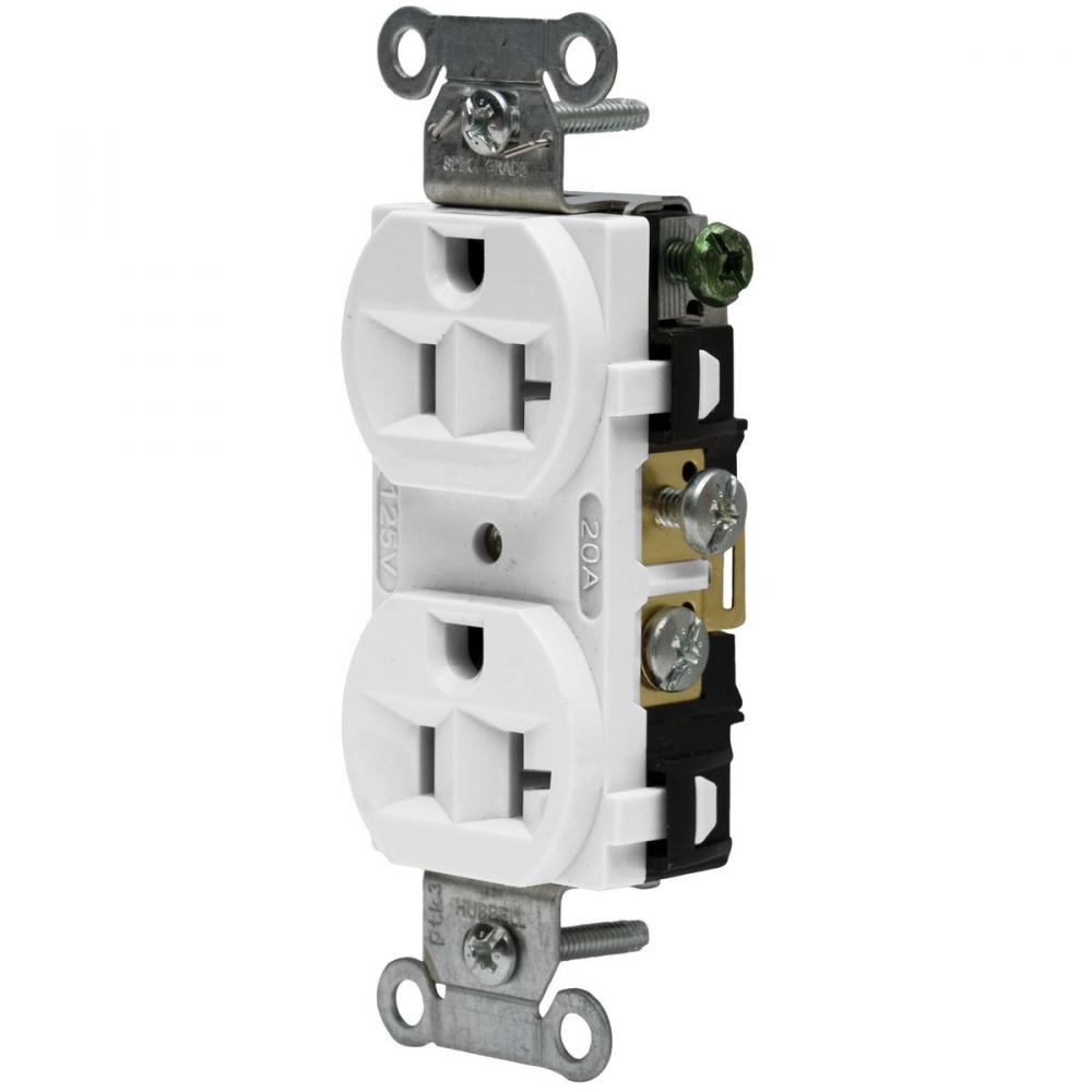 RCPT, DUP SB, HUBPRO, 20A 125V, FG, WH