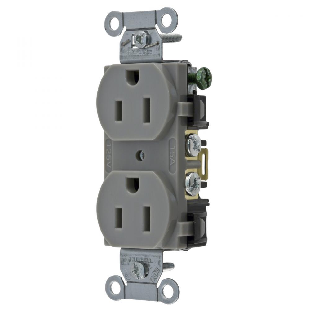 RCPT, DUP SB, COM GRD, 15A 125V, B/S, GY