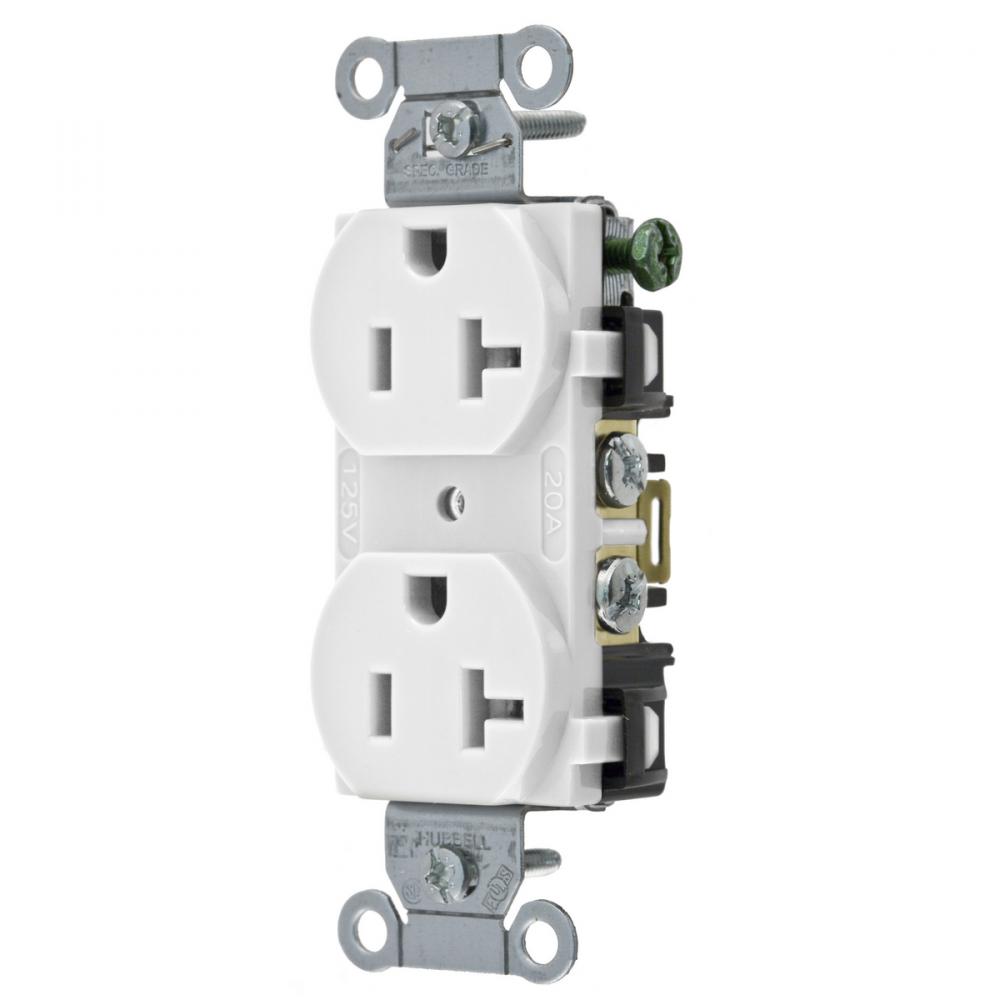 RCPT, DUP SB, COM GRD, 20A 125V, B/S, WH