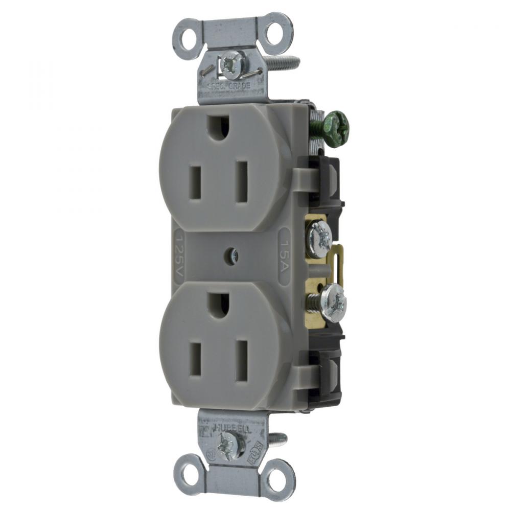 DUP RCPT, COMM GRD, 15A 125V, 5-15R, GY