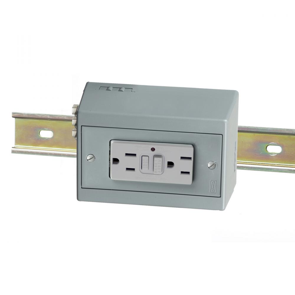 DIN-R UTL BOX,15A 125V,DUP,GFCI,HORIZ,GY