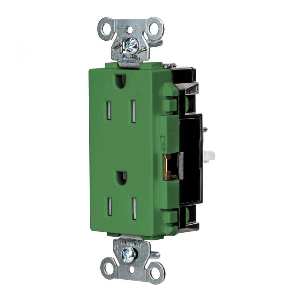DECO RCPT IND, TR, SPRG TRM 15A 125V, GN