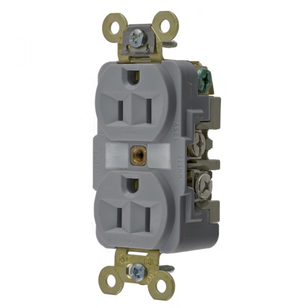 DUP RCPT, HD IND GRD, 15A125V, 5-15R, GY