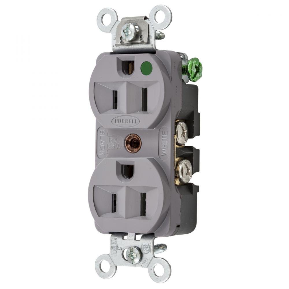 DUP RCPT, COM/HG, 15A 125V, 5-15R, GY