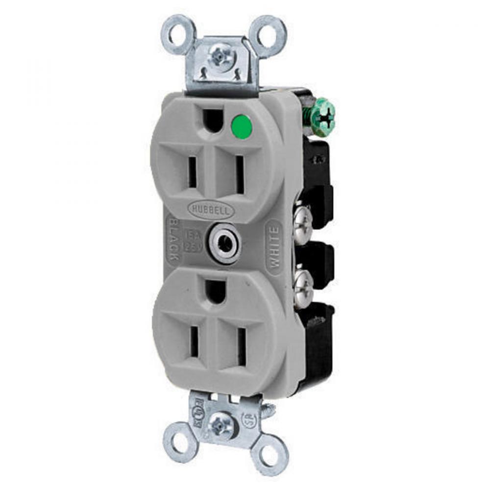 DUP RCPT, HG, 15A 125V, 5-15R, IL, GY