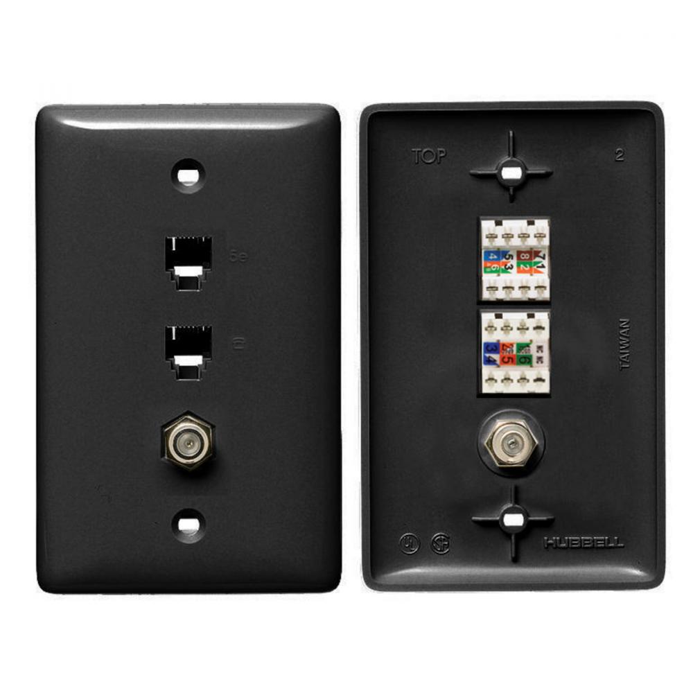 PLATE, 1GANG,W/6P4C,CAT5E,F-CONN,BK