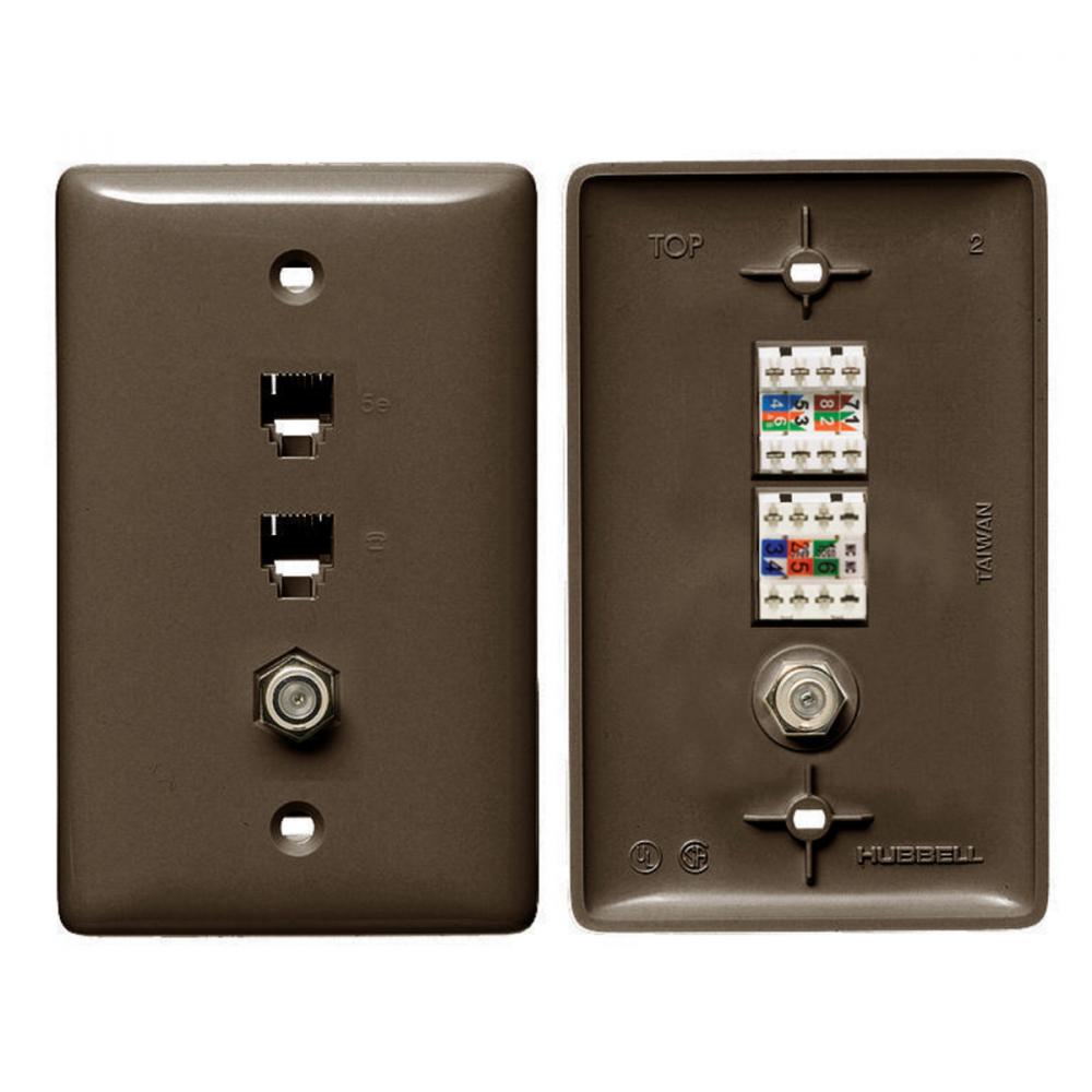 PLATE, 1GANG,W/6P4C,CAT5E,F-CONN,BR