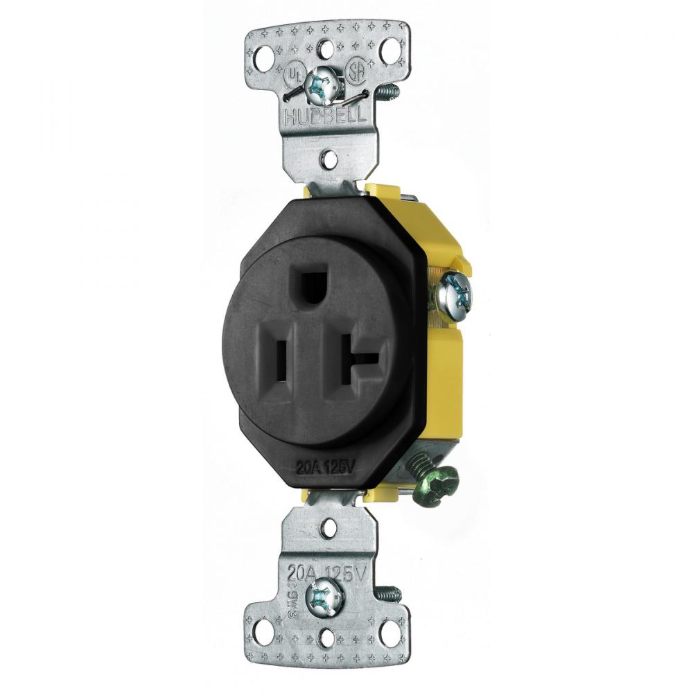 RESI SGL RCPT, 20A 125V, SELF GRND, BK