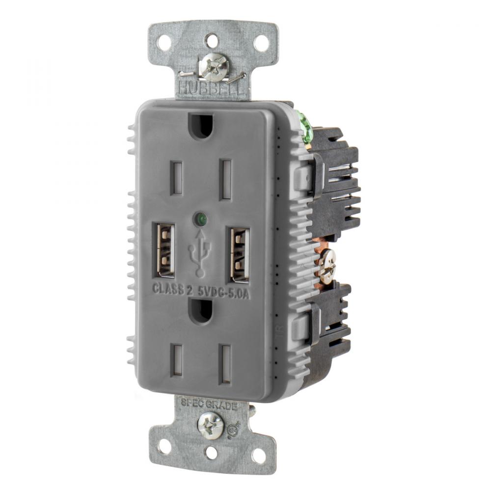 RCPT DUP 15A 125V 5A 5V USB PORT A GY