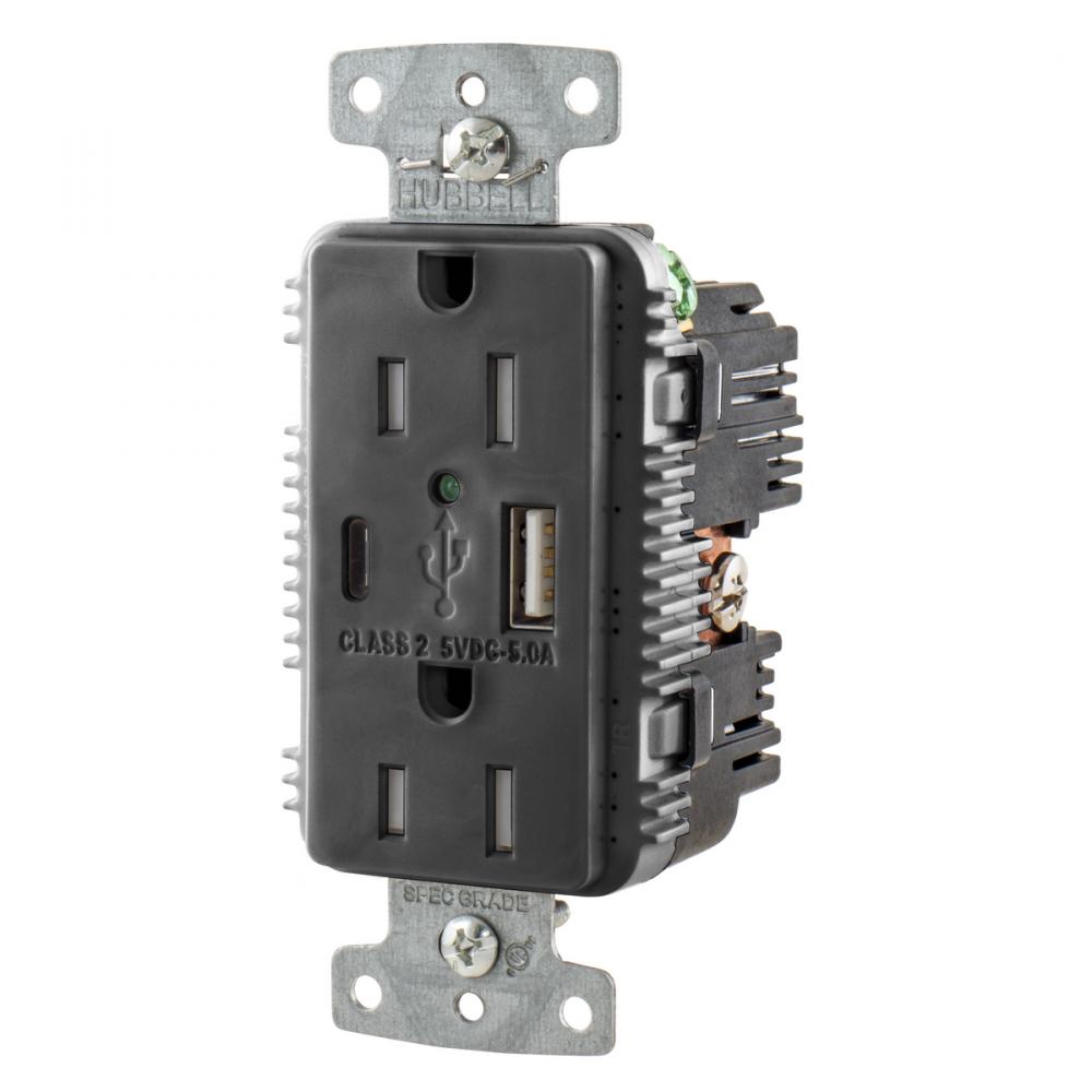 RCPT DUP 15A 125V 5A 5V USB PORT AC BK