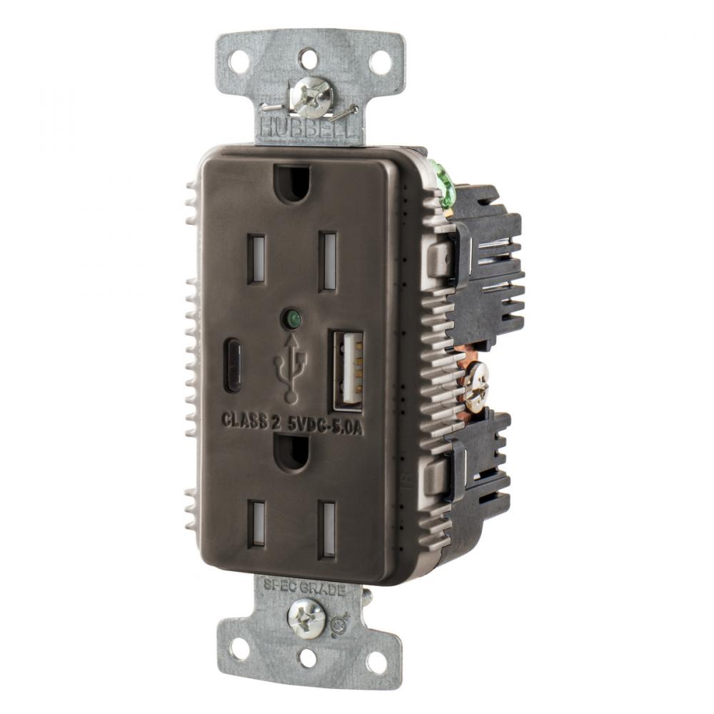 RCPT DUP 15A 125V 5A 5V USB PORT AC BR