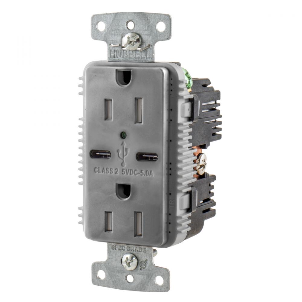 RCPT DUP 15A 125V 5A 5V USB PORT C GY