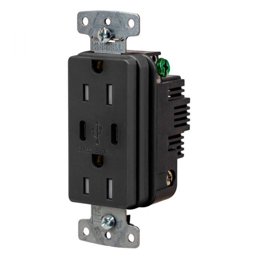 RCPT DUP 15A125V 3.1A5V USB PORT C BK