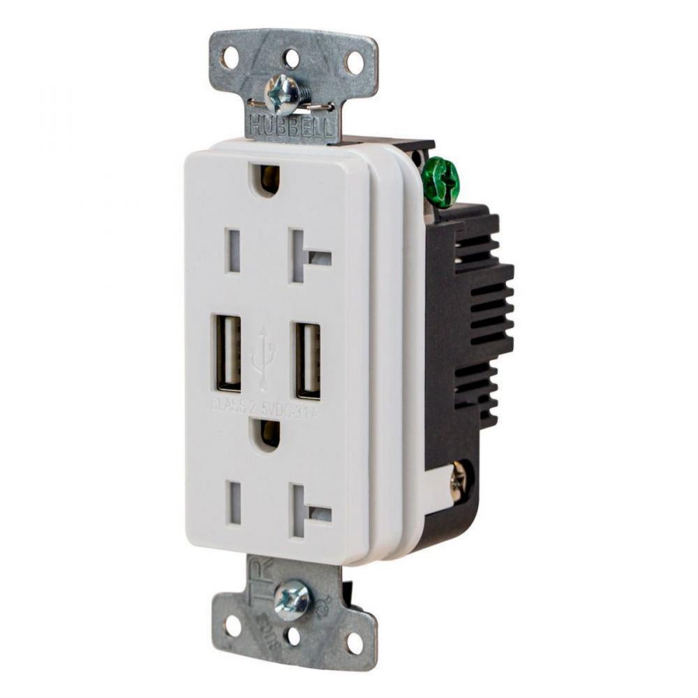 RCPT DUP 20A125V 3.1A5V USB PORT A WH