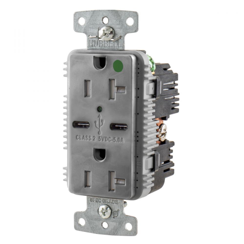 RCPT HG DUP 20A 125V 5A 5V USB PORT C GY