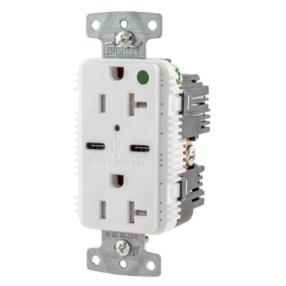 RCPT HG DUP 20A 125V 5A 5V USB PORT C WH